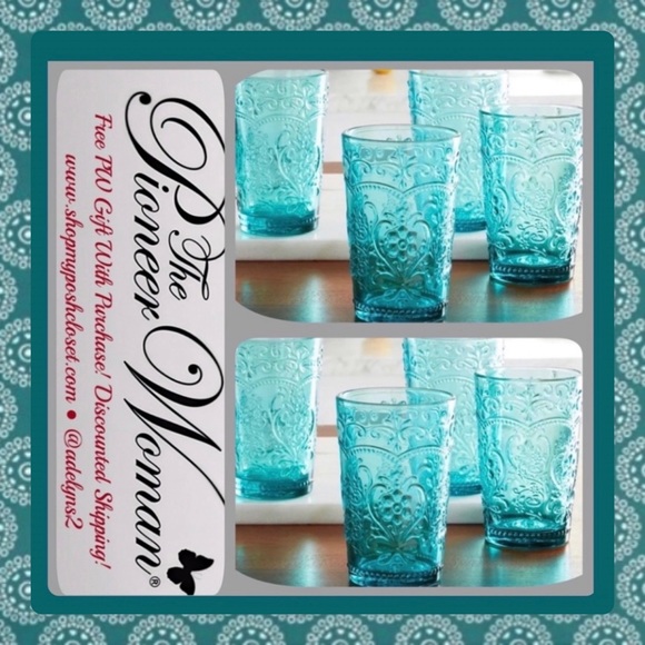 🌺 New Pioneer Woman Amelia Teal Blue Embossed Glass Tumblers, Set of 8 - Picture 1 of 9